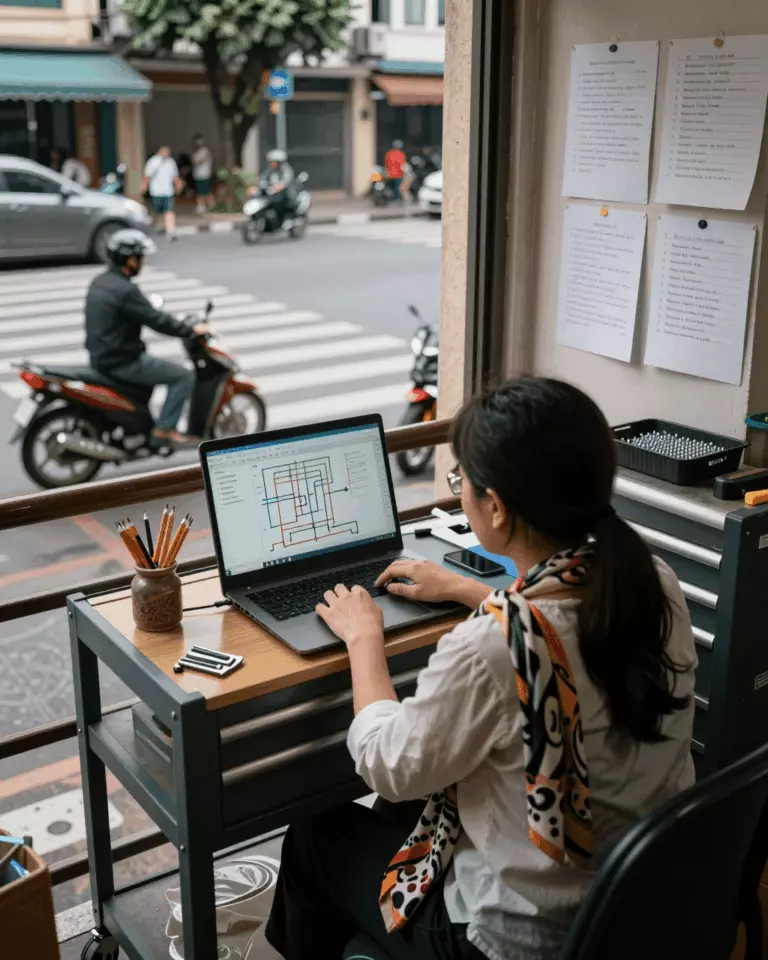 a Vietnamese woman in her late 20s preparing online for Cách cải thiện điểm IELTS của bạn bằng các bài học, thực hành và ôn tập viết