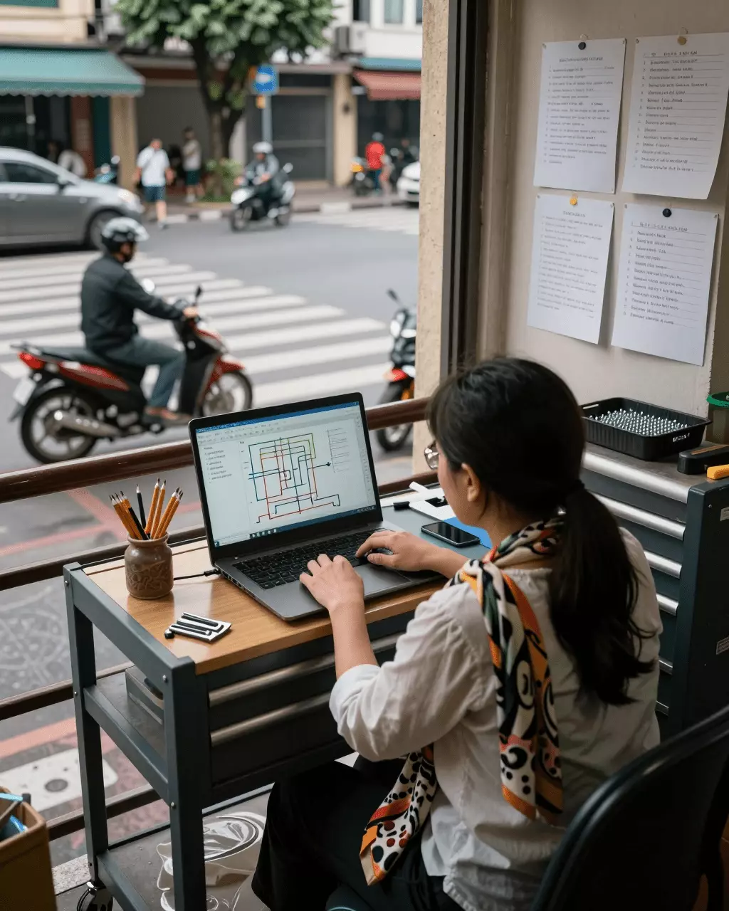 a Vietnamese woman in her late 20s preparing online for Cách cải thiện điểm IELTS của bạn bằng các bài học, thực hành và ôn tập viết