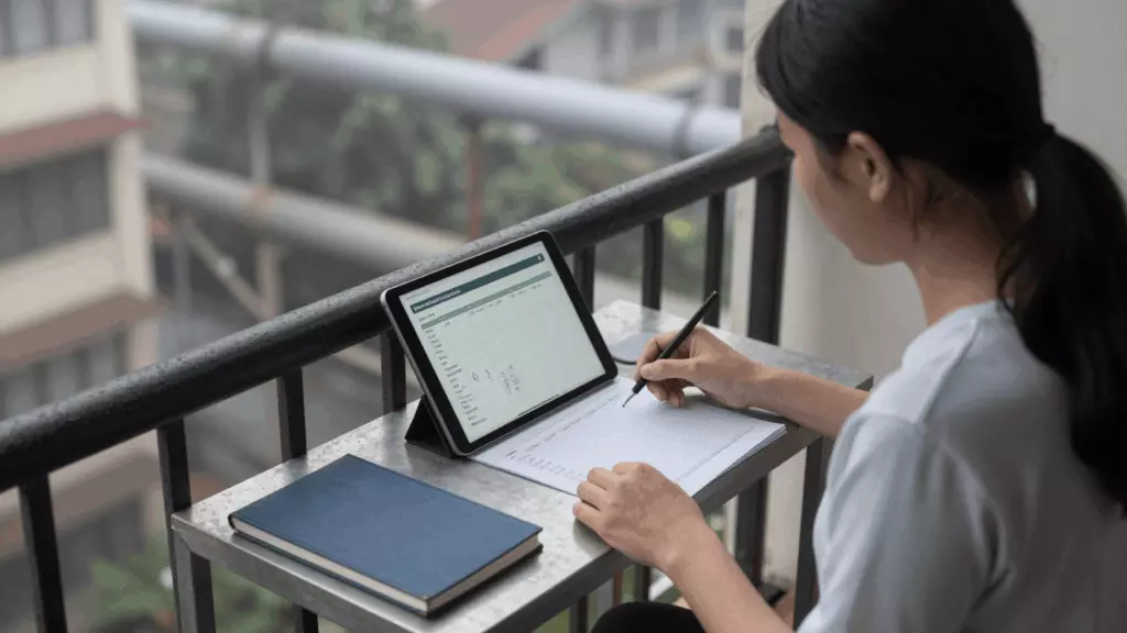 a Vietnamese woman in her late 20s working through Ổn định