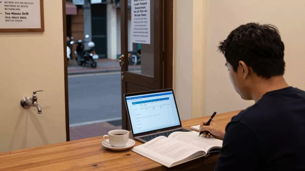 a Vietnamese woman in her late 20s reviewing an IELTS online course workflow