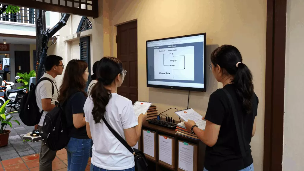 a Vietnamese woman in her late 20s reviewing an IELTS online course workflow