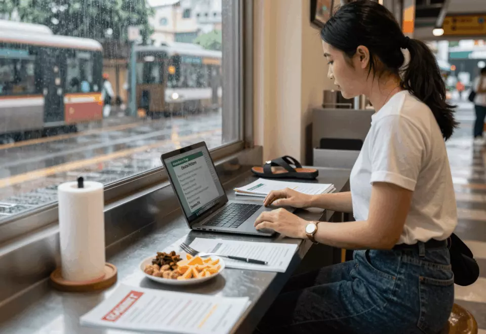 a Vietnamese woman in her late 20s choosing the next IELTS prep step online