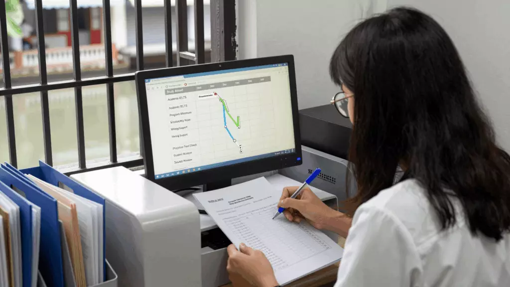 a Vietnamese woman in her late 20s reviewing an IELTS online course workflow