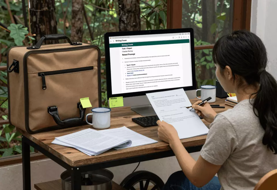 a Vietnamese woman in her late 20s choosing the next IELTS prep step online