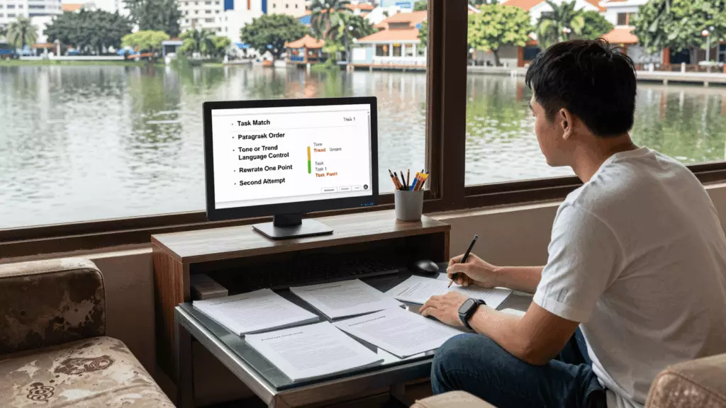 a Vietnamese woman in her late 20s reviewing an IELTS online course workflow