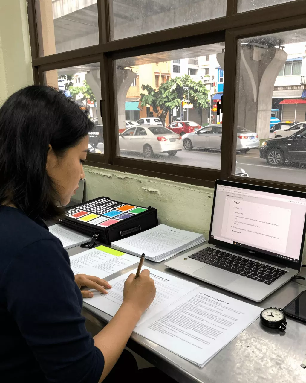 a Vietnamese woman in her late 20s preparing online for Hướng dẫn khóa học IELTS Writing Task 2: Bài luận, ý tưởng, cấu trúc và điểm số