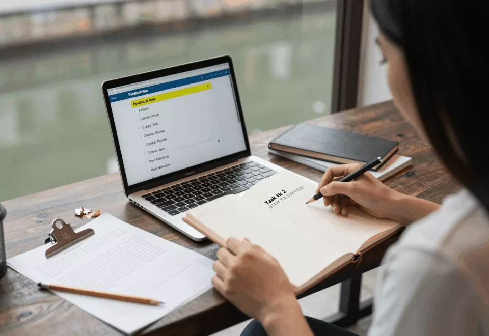 a Vietnamese woman in her late 20s choosing the next IELTS prep step online