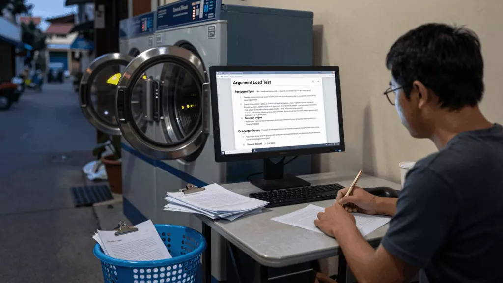 a Vietnamese woman in her late 20s reviewing an IELTS online course workflow
