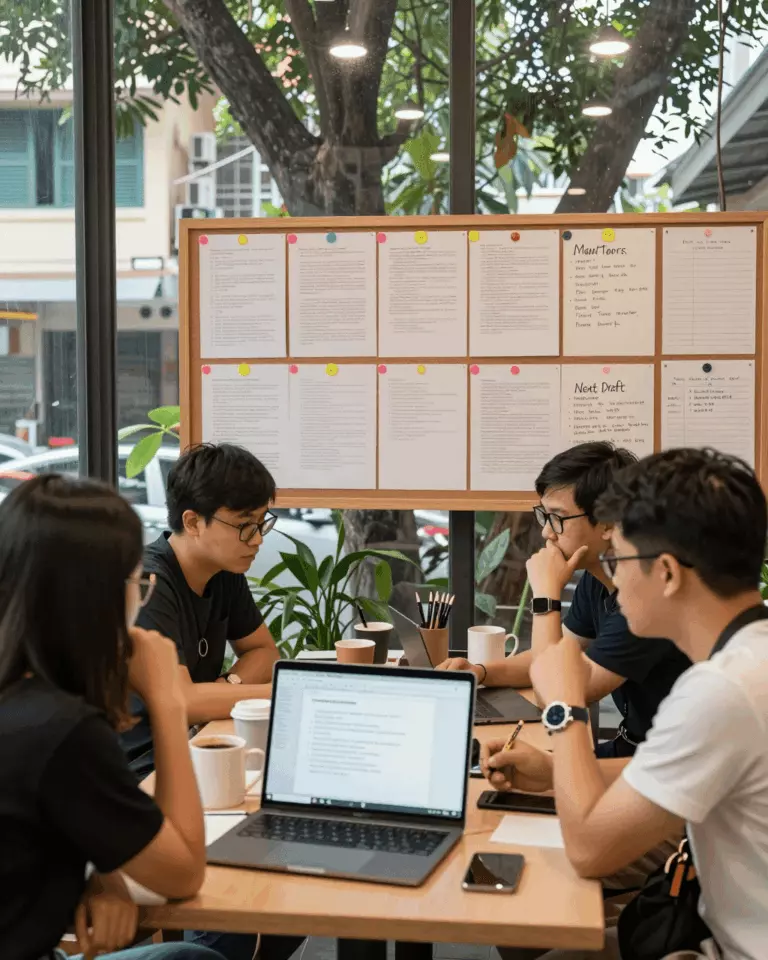 a Vietnamese woman in her late 20s preparing online for Trình kiểm tra bài luận IELTS và phản hồi của giáo viên: Điều gì thực sự cải thiện khả năng viết?
