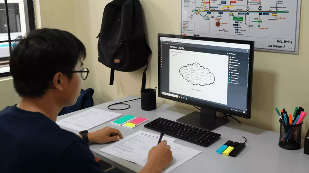 a Vietnamese woman in her late 20s reviewing an IELTS online course workflow
