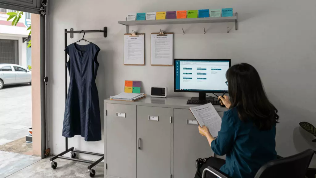 a Vietnamese woman in her late 20s reviewing an IELTS online course workflow