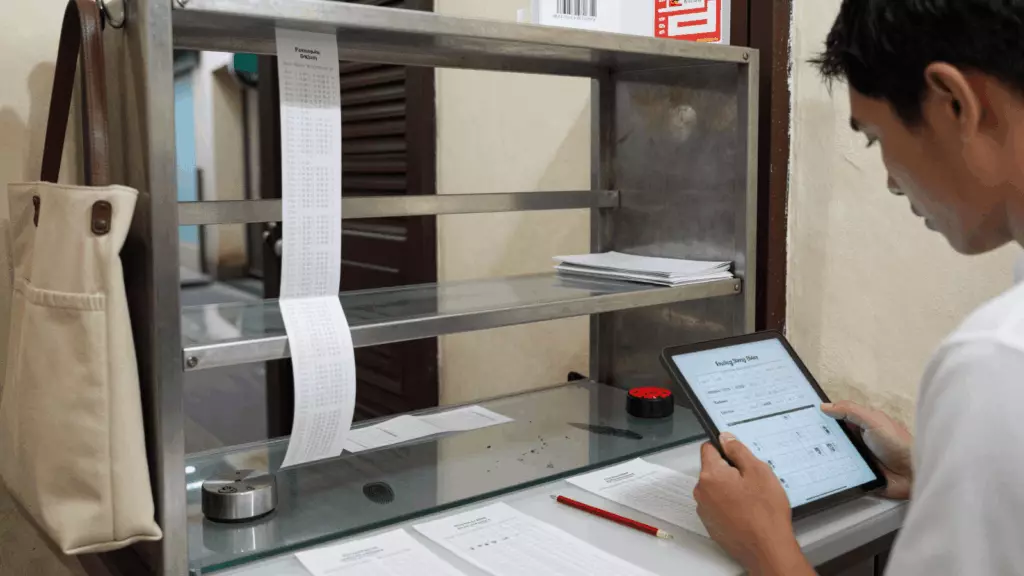 a Vietnamese woman in her late 20s reviewing an IELTS online course workflow