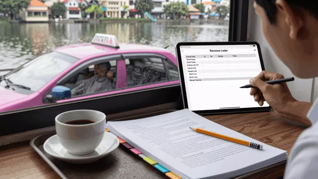 a Vietnamese woman in her late 20s reviewing an IELTS online course workflow