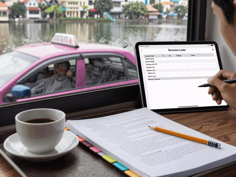 Bàn học IELTS hiển thị các cấu trúc ngữ pháp được kết nối với thẻ cụm từ từ vựng