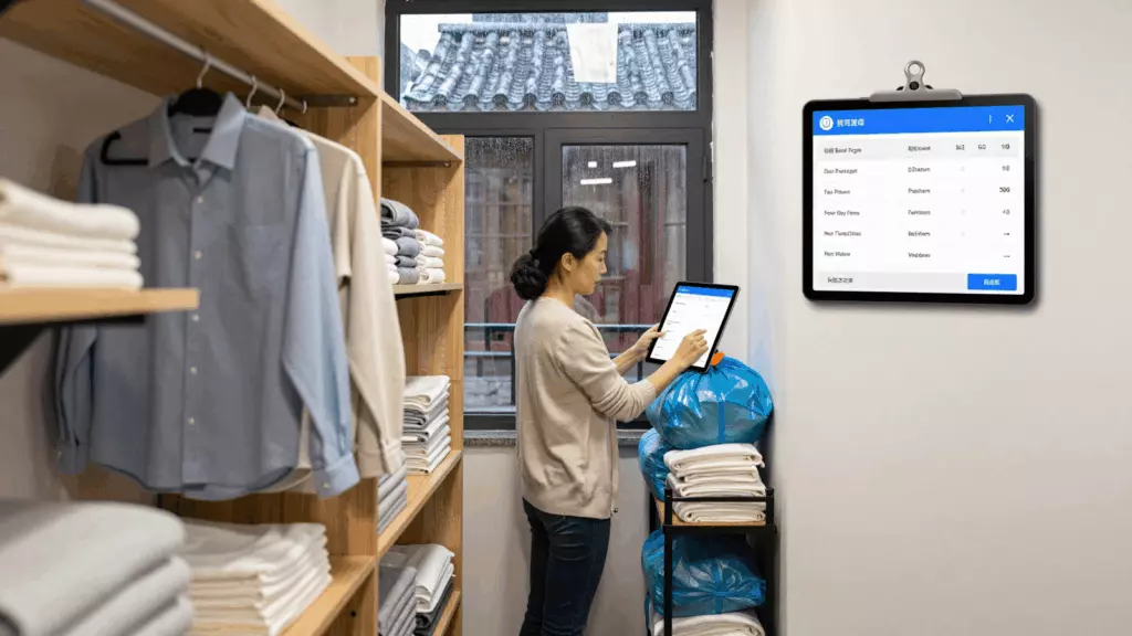 a Chinese woman in her late 20s reviewing an IELTS online course workflow