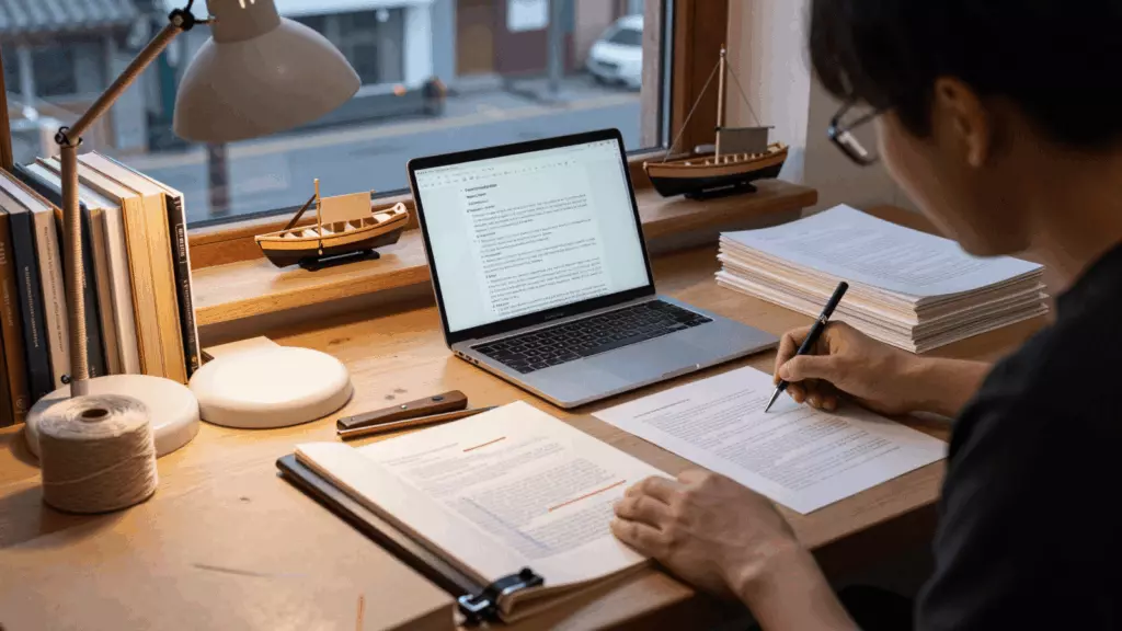 a Chinese woman in her late 20s reviewing an IELTS online course workflow