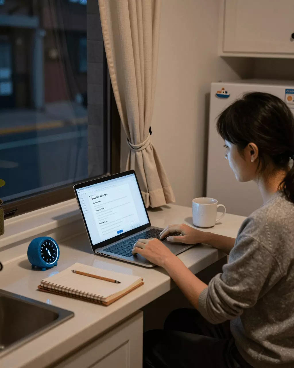 a Chinese woman in her late 20s preparing online for 在线雅思模拟测试:模拟测试、分数和考试准备