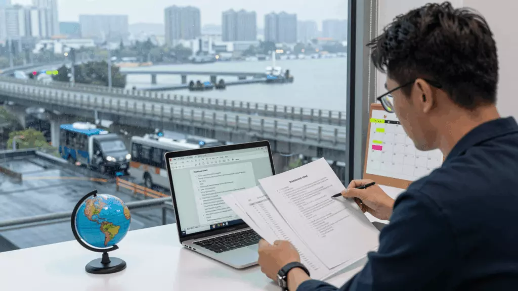 a Chinese woman in her late 20s reviewing an IELTS online course workflow