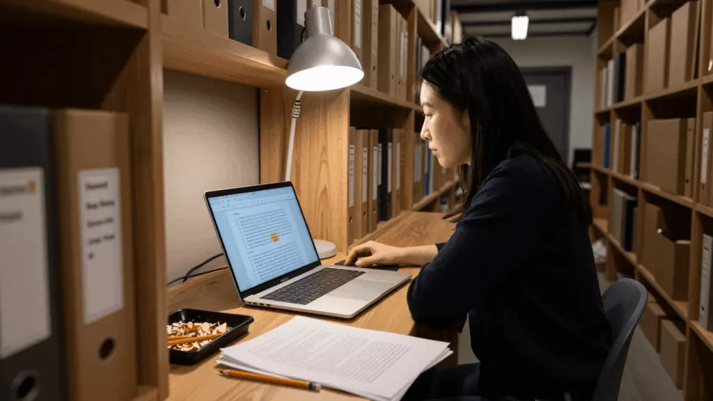 a Chinese woman in her late 20s working through 修订