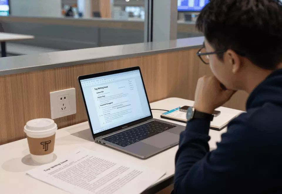 a Chinese woman in her late 20s choosing the next IELTS prep step online