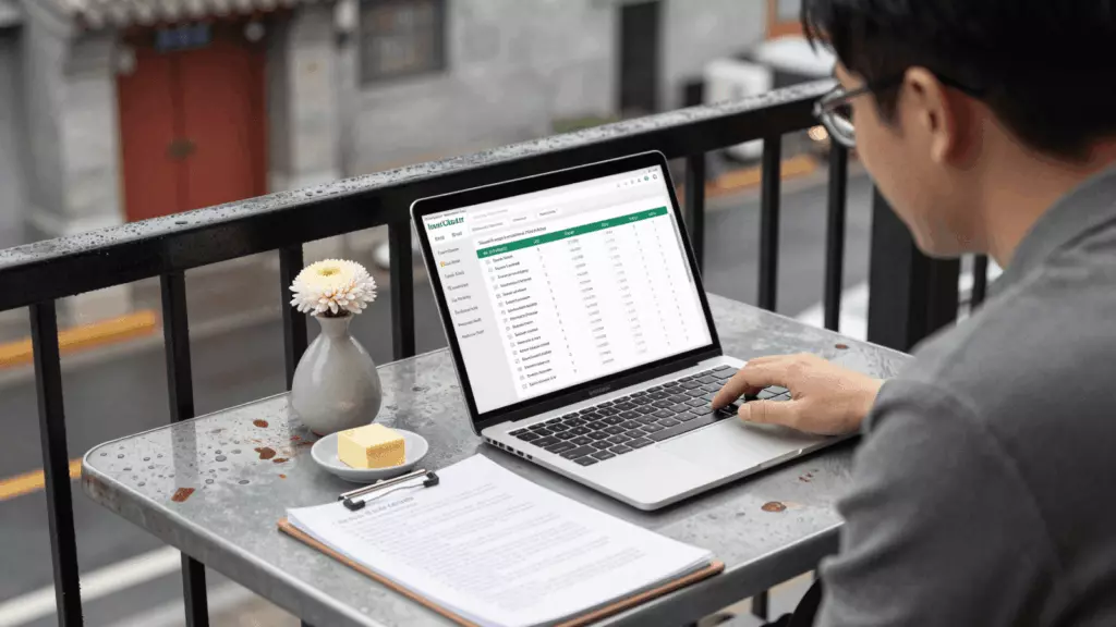 a Chinese woman in her late 20s reviewing an IELTS online course workflow