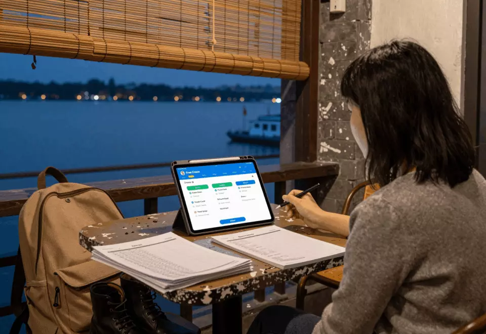a Chinese woman in her late 20s choosing the next IELTS prep step online