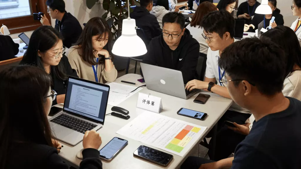 a Chinese woman in her late 20s working through 比较