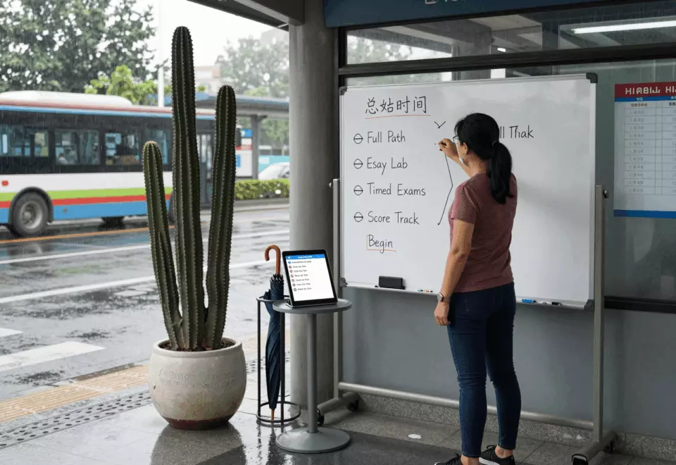 a Chinese woman in her late 20s choosing the next IELTS prep step online
