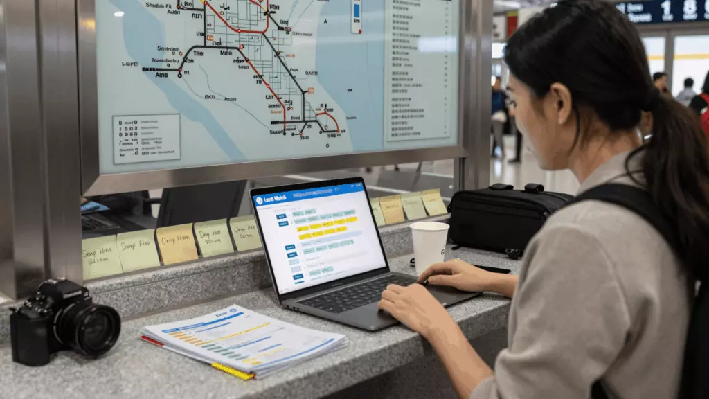 a Chinese woman in her late 20s reviewing an IELTS online course workflow