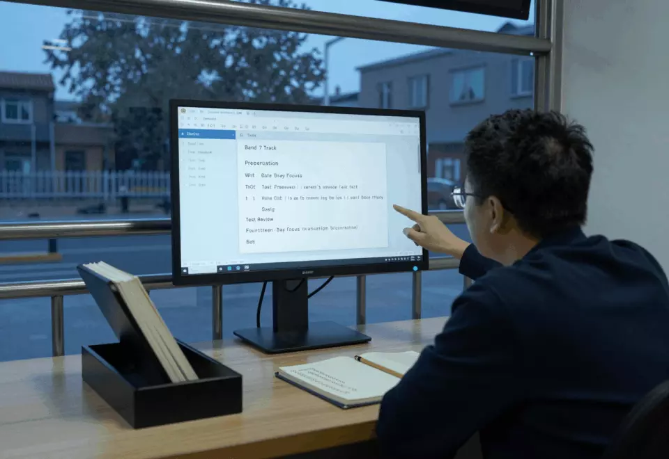 a Chinese woman in her late 20s choosing the next IELTS prep step online