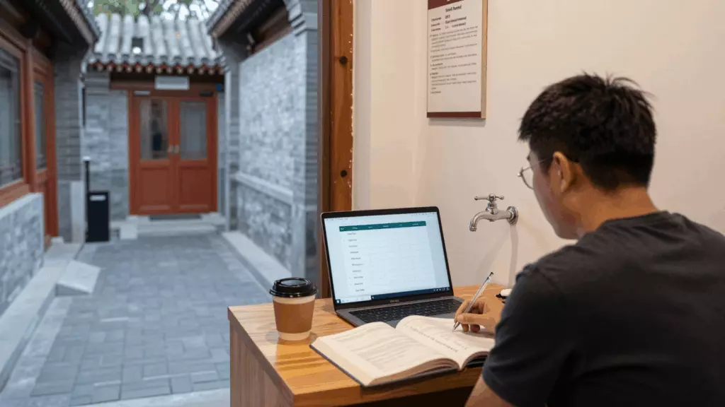 a Chinese woman in her late 20s reviewing an IELTS online course workflow
