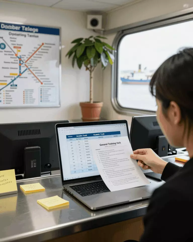 a Chinese woman in her late 20s preparing online for 雅思学术与普通培训：您需要哪种考试和课程？