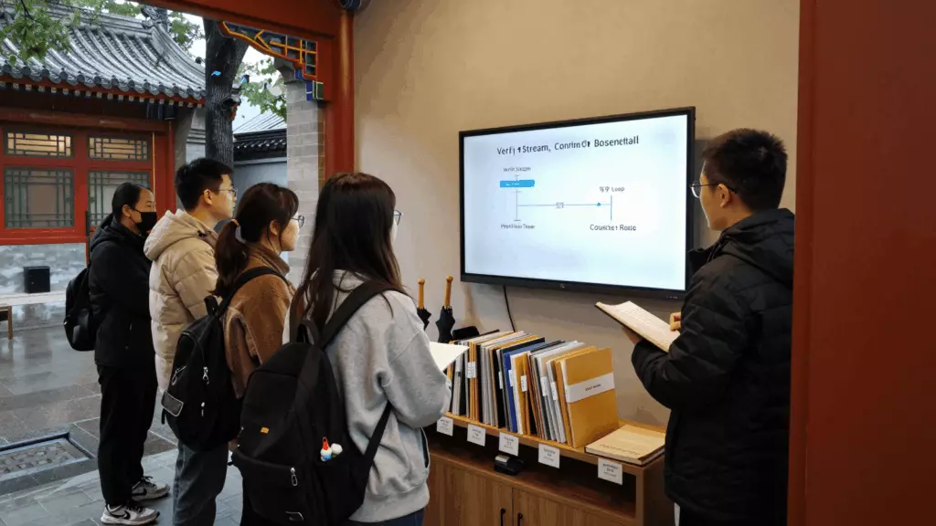 a Chinese woman in her late 20s reviewing an IELTS online course workflow