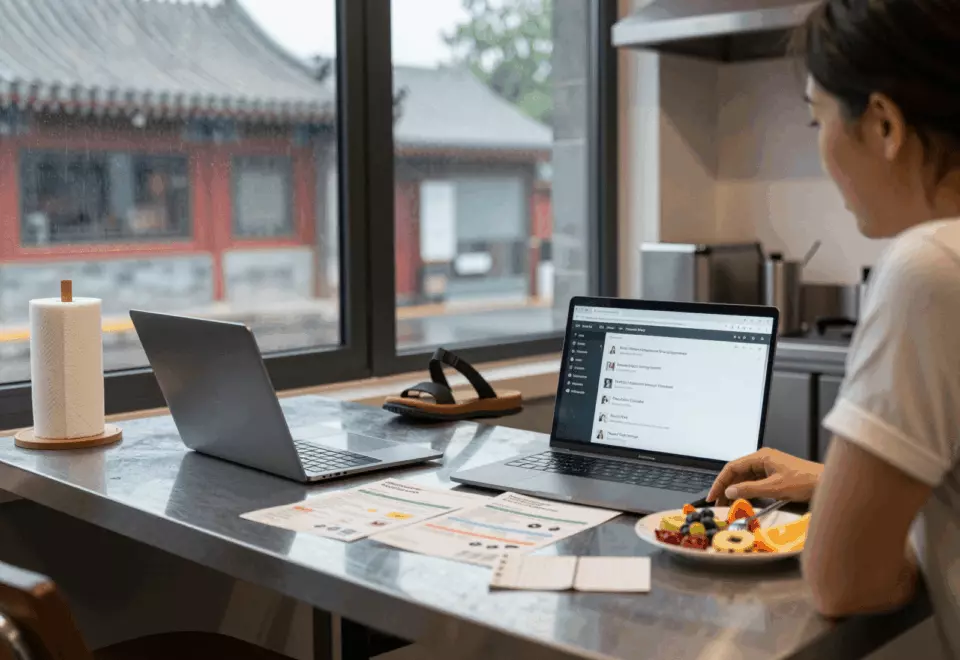 a Chinese woman in her late 20s choosing the next IELTS prep step online