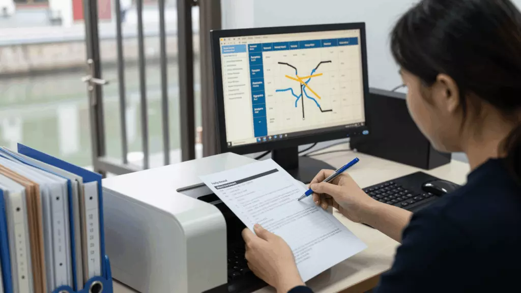 a Chinese woman in her late 20s reviewing an IELTS online course workflow