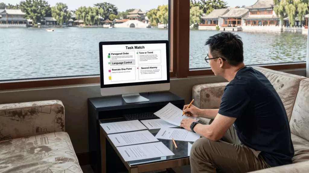 a Chinese woman in her late 20s reviewing an IELTS online course workflow