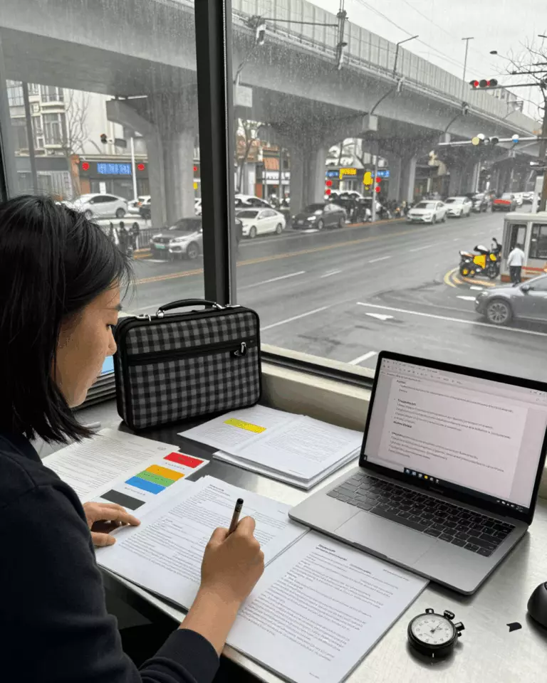 a Chinese woman in her late 20s preparing online for 雅思写作任务 2 课程指南：论文、想法、结构和分数