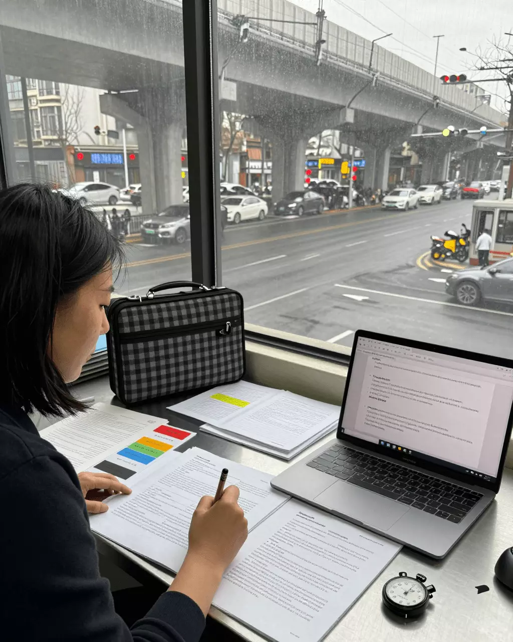 a Chinese woman in her late 20s preparing online for 雅思写作任务 2 课程指南:论文、想法、结构和分数