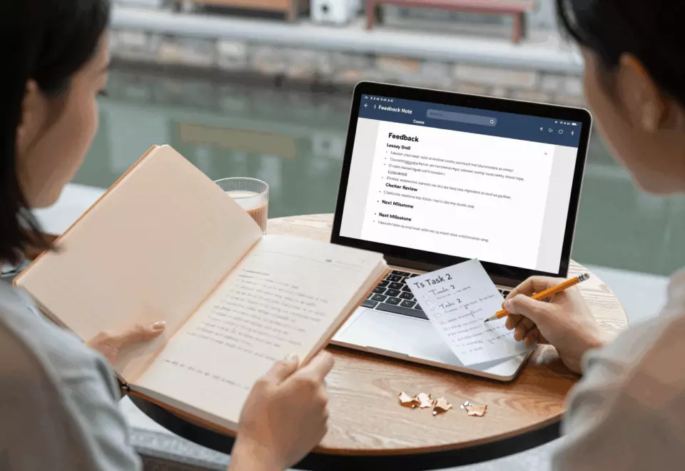 a Chinese woman in her late 20s choosing the next IELTS prep step online