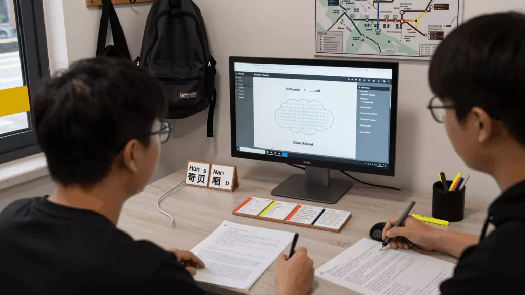 a Chinese woman in her late 20s reviewing an IELTS online course workflow