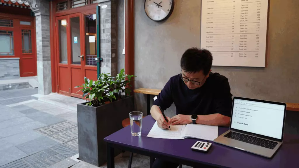 a Chinese woman in her late 20s working through 草稿