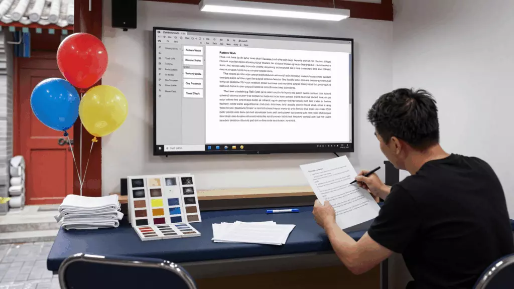 a Chinese woman in her late 20s reviewing an IELTS online course workflow
