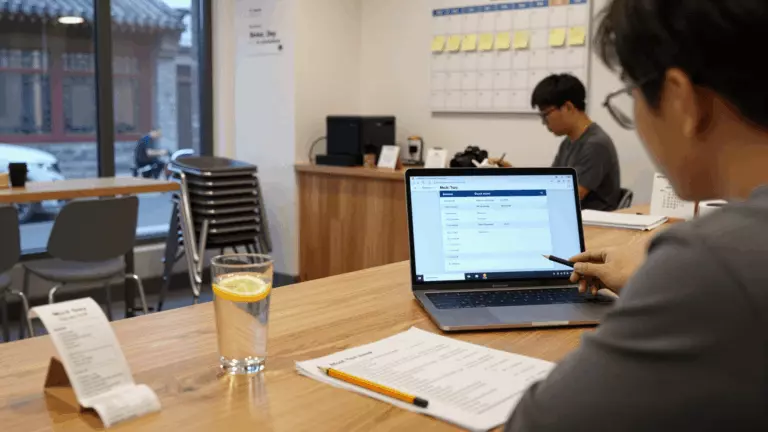a Chinese woman in her late 20s preparing online for 免费雅思模拟考试：如何正确使用模拟考试