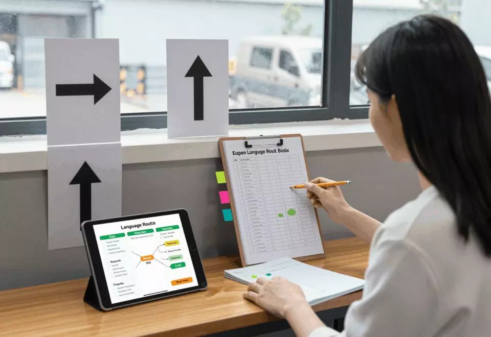 a Chinese woman in her late 20s choosing the next IELTS prep step online