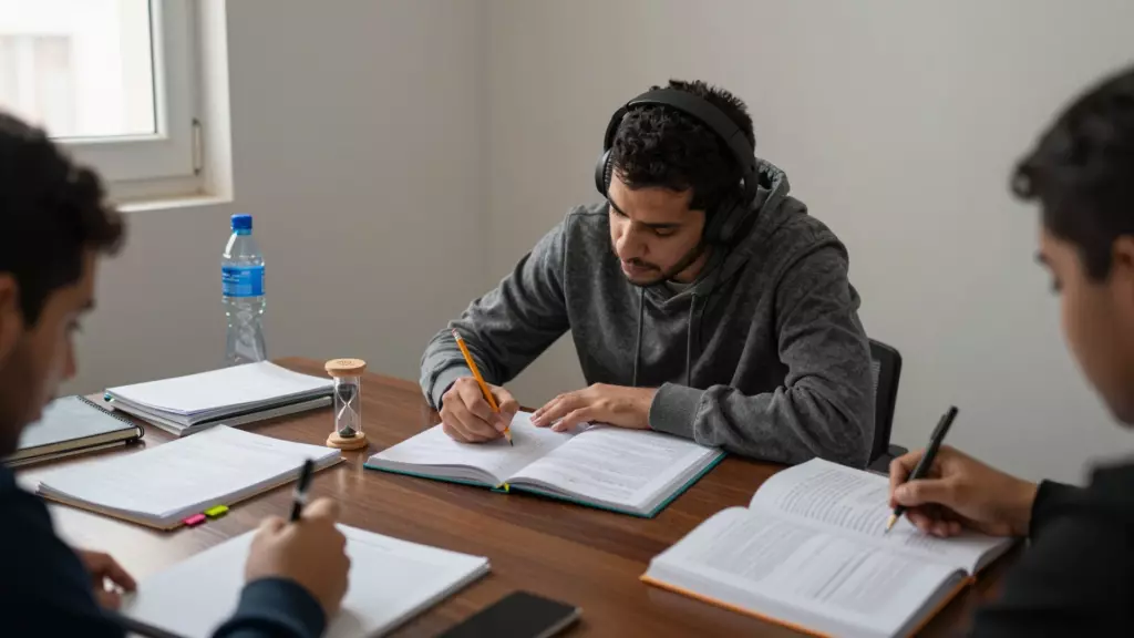 طالب يجري اختبار IELTS التدريبي باستخدام الملاحظات وسماعات الرأس مؤقت