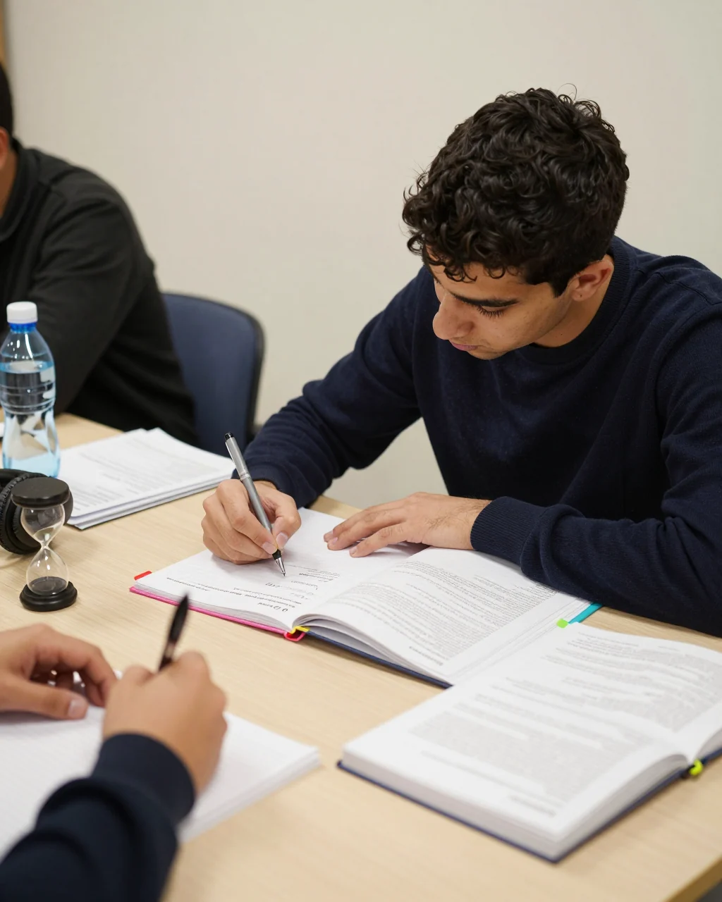 يقارن المتعلم خيارات رسوم دورة IELTS بجانب دفتر ملاحظات وكمبيوتر محمول للدراسة