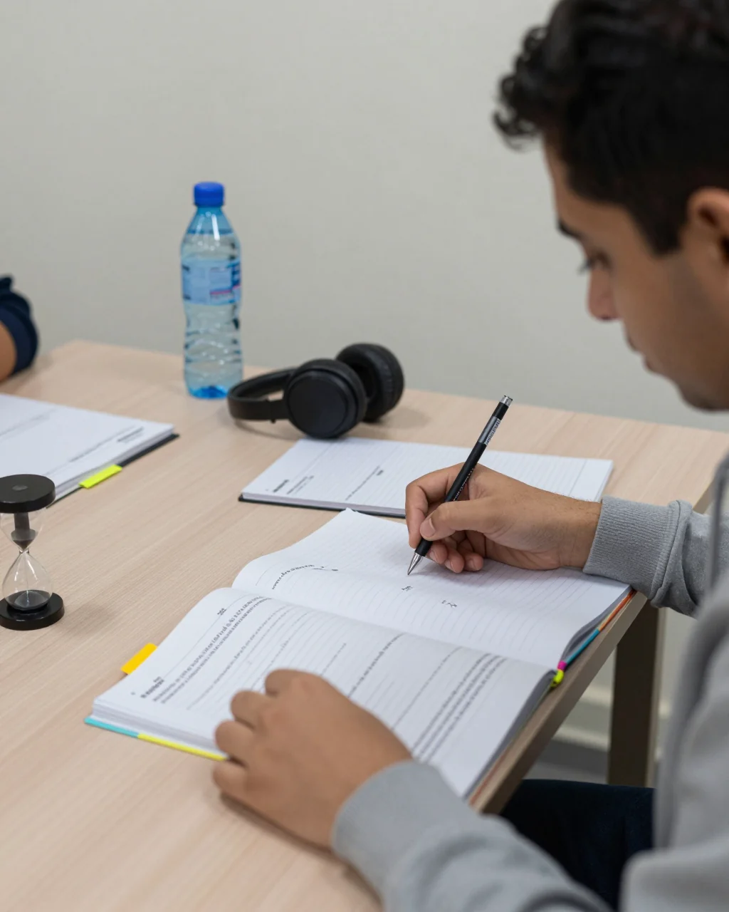 طالب مبتدئ في اختبار IELTS يخطط لجدول دراسة أسبوعي باستخدام دفاتر الملاحظات ومواد التدريب