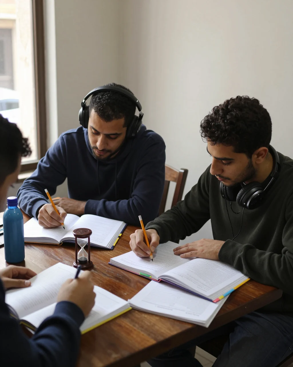 الطالب يستخدم مؤقتًا ودفترًا لإكمال نموذج IELTS اختبار