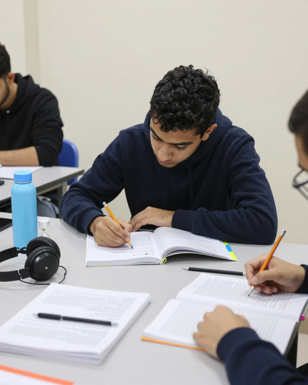 طالب يستخدم سماعات الرأس وورقة عمل استماع IELTS مع ملاحظات منظمة