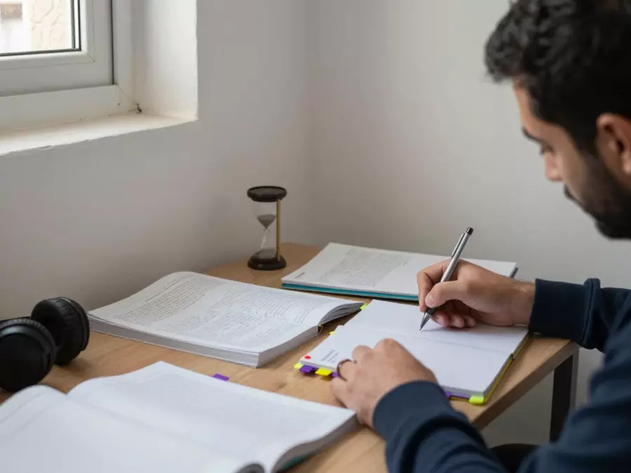 فصل دراسي صغير لاختبار IELTS يتبع فيه المتعلمون جدول دروس ثابت